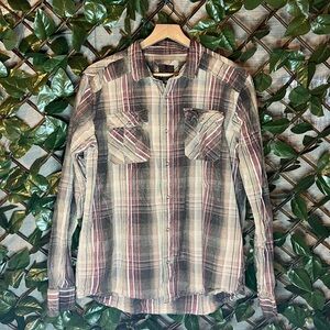 PRANA Men’s Beige/Red Plaid Snap Button Up Long Sleeve